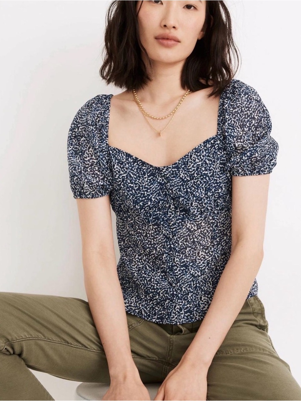 Madewell Navy & White Floral Sweetheart Puff-Sleeve Blouse